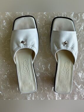 Salvatore Ferragamo White Leather Square-Toe Slide Mules with Silver Stud